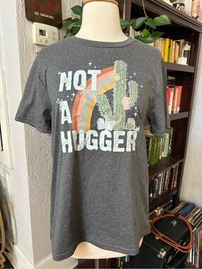 Gray Graphic Tee "Not A Hugger" with Cactus & Rainbow